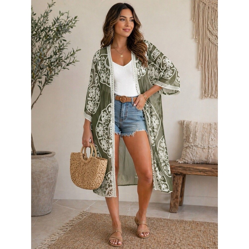 Floral Embroidered Lace Mesh Kimono Duster Coverup ONE SIZE Olive Green Boho